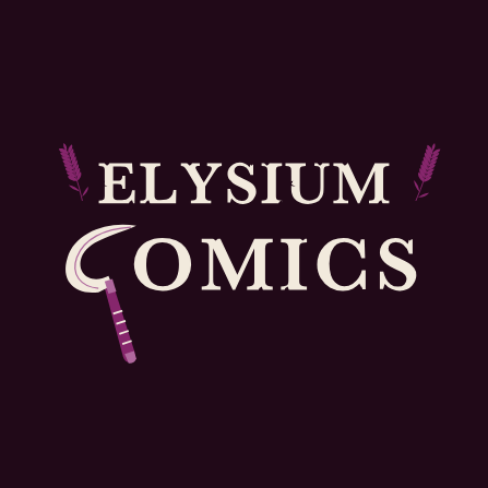 Elysium Comics logo with cream lettering, magenta wheat details, and a sickle on a deep plum background